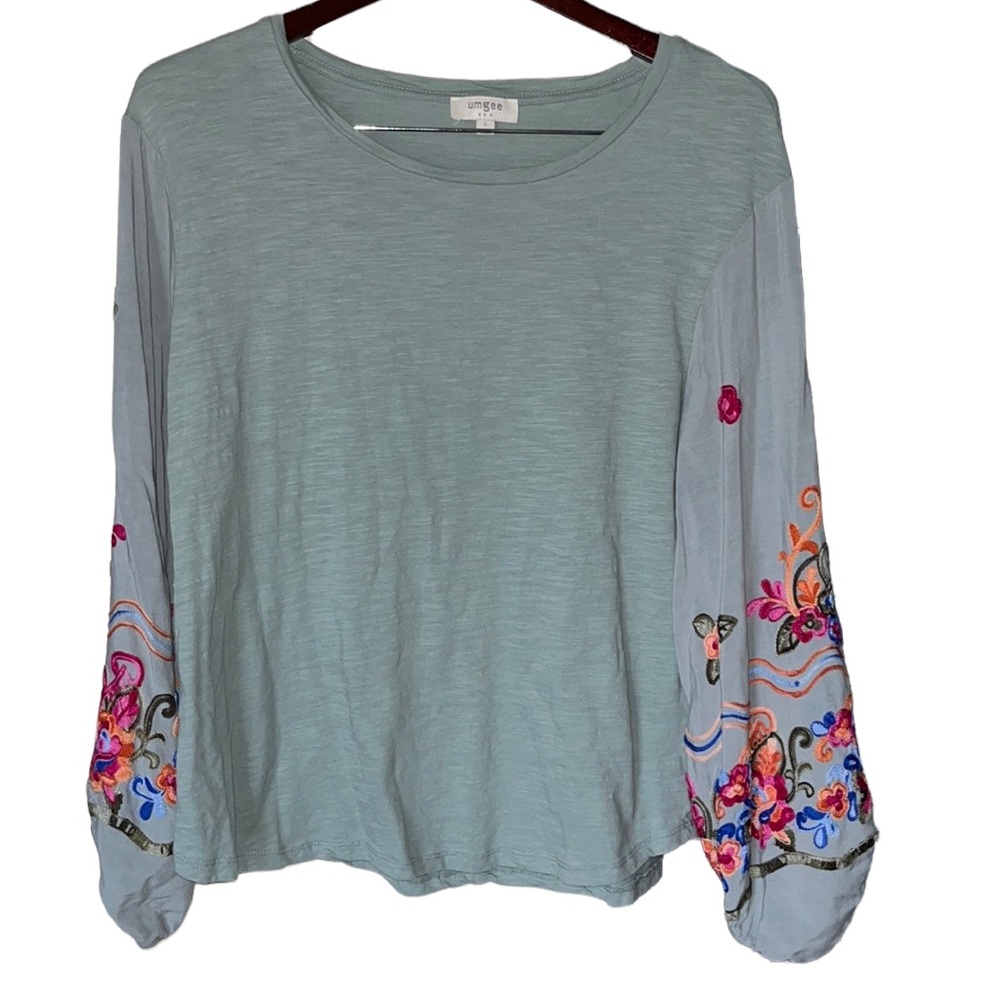 Umgee Sage Green Top with Embroidered Balloon Sleeves (Lg)